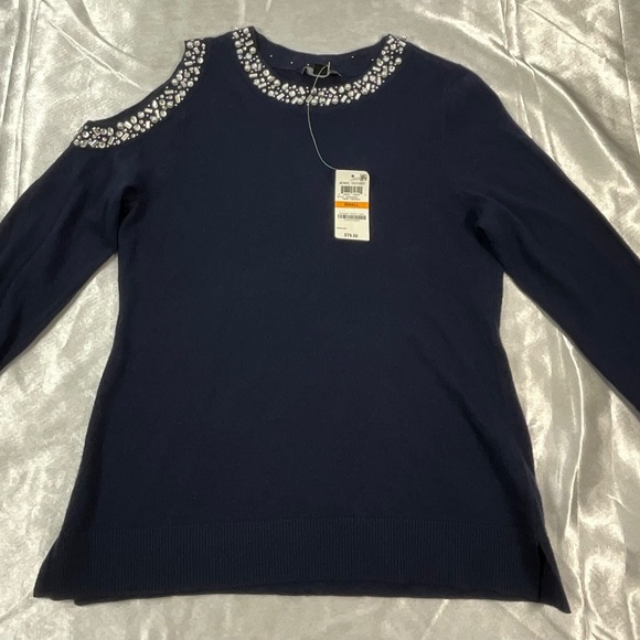 INC Women’s Embellished Cold Shoulder Sweater Navy Beaded Neckline Size S NWT - Picture 5 of 12